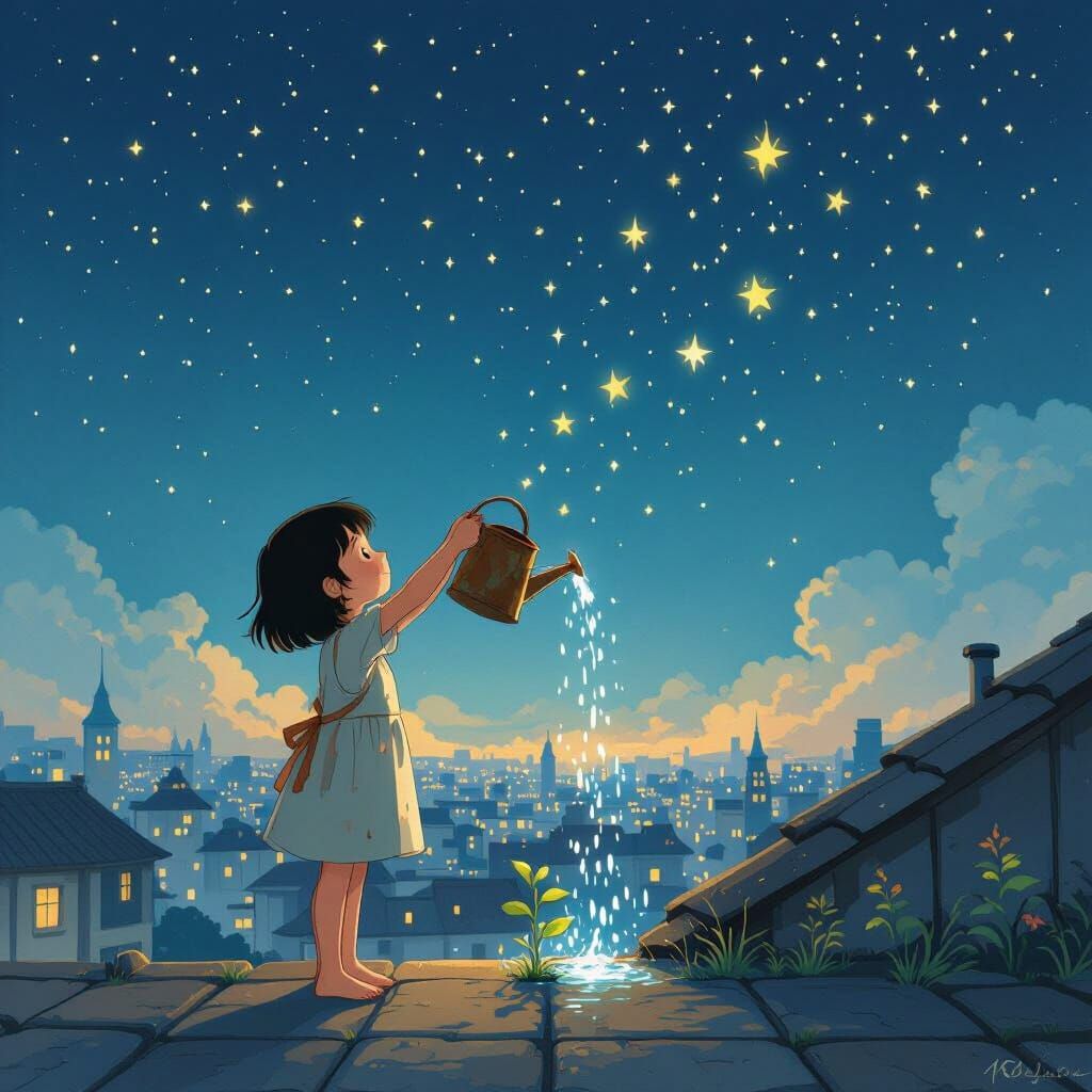 Girl Waters Stars on Rooftop in Whimsical Style