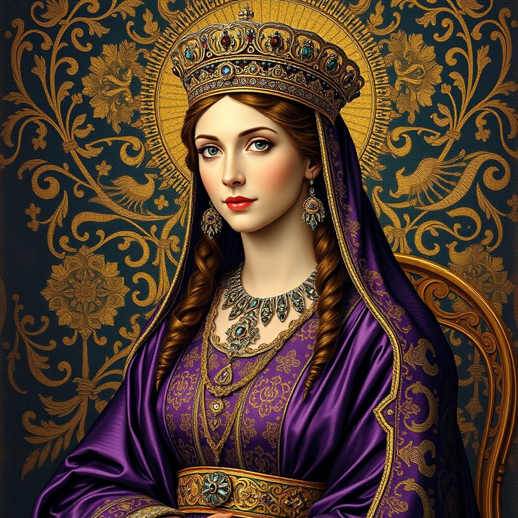Byzantine Princess in Regal Attire, Adorned with Gemstones a...