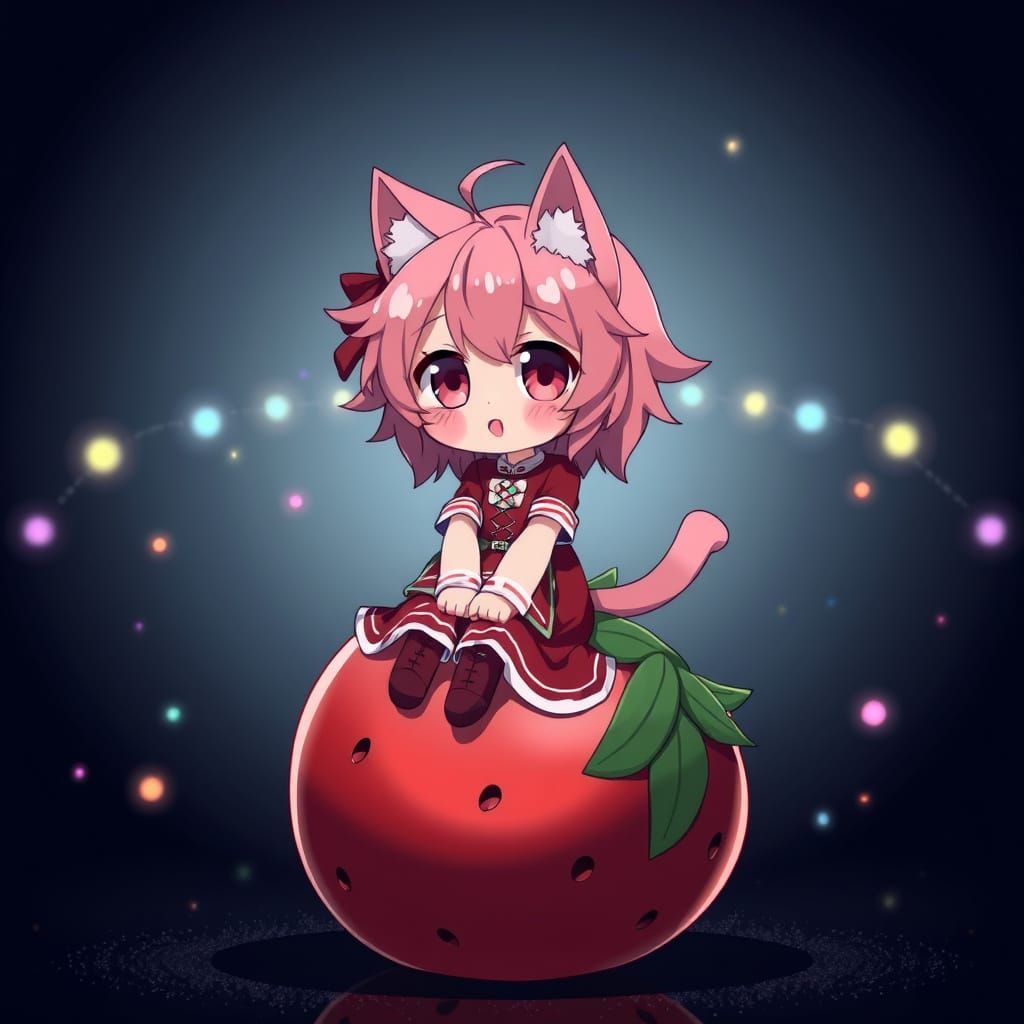 Anime Catgirl Sits on Giant Strawberry in Moody Nighttime Sc...
