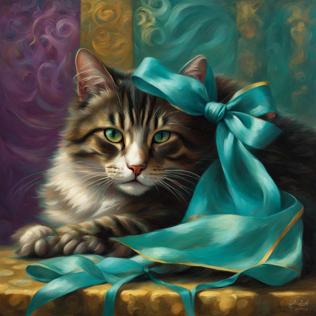 Purple Cat Playing with Turquoise Ribbon