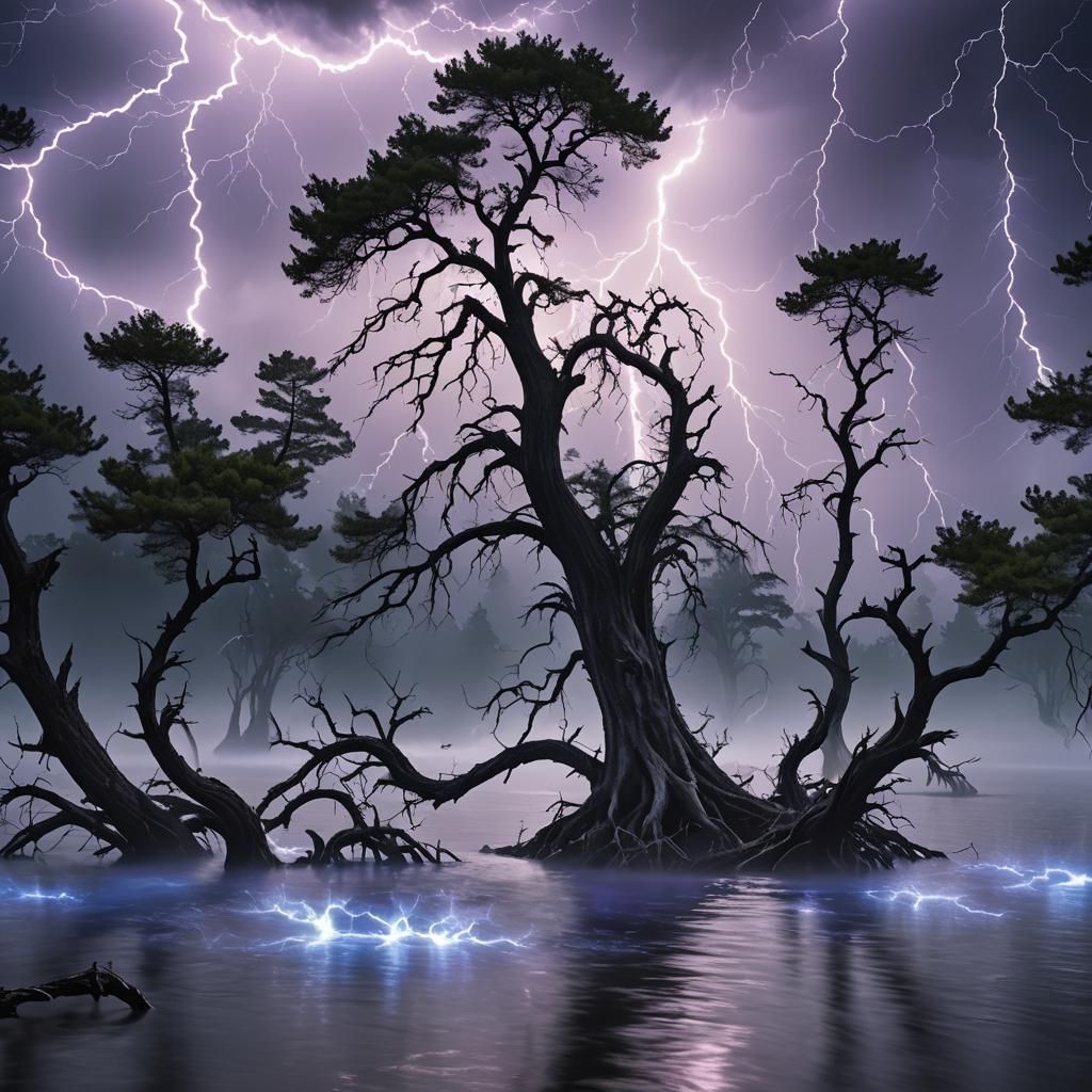 Lightning Storm Illuminates Misty Lake Landscape