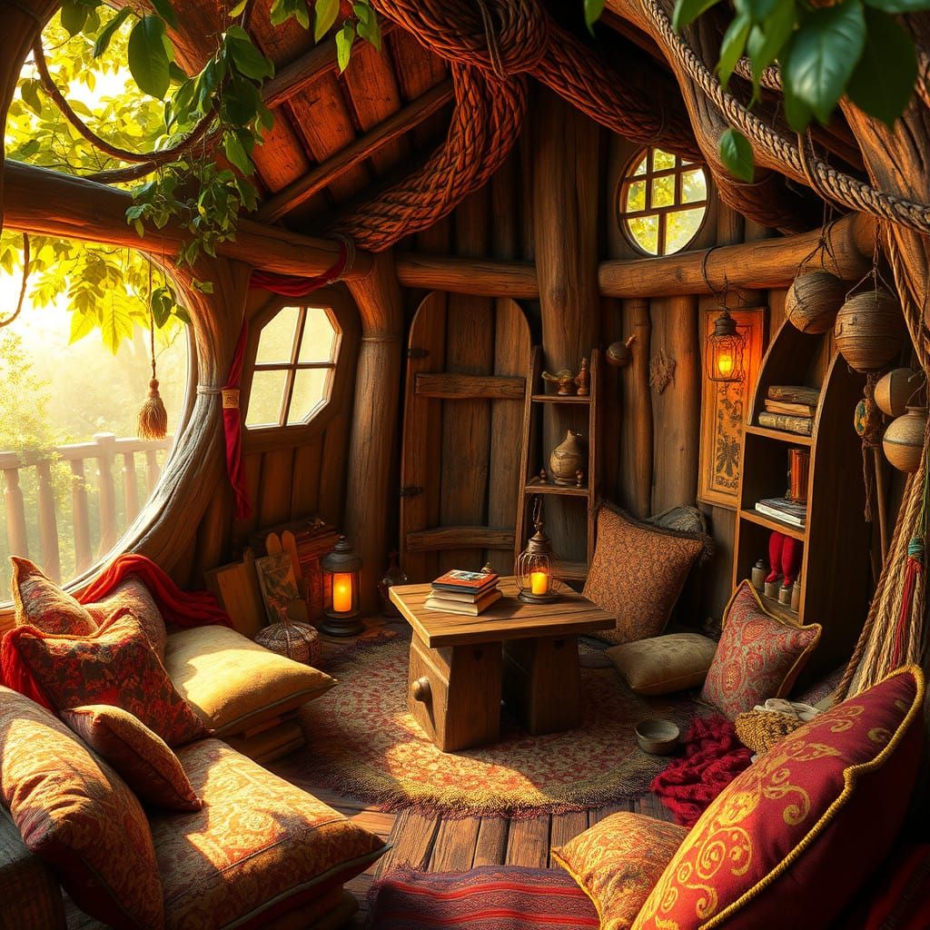 Whimsical Treehouse Sanctuary in Vibrant, Dreamlike Hues