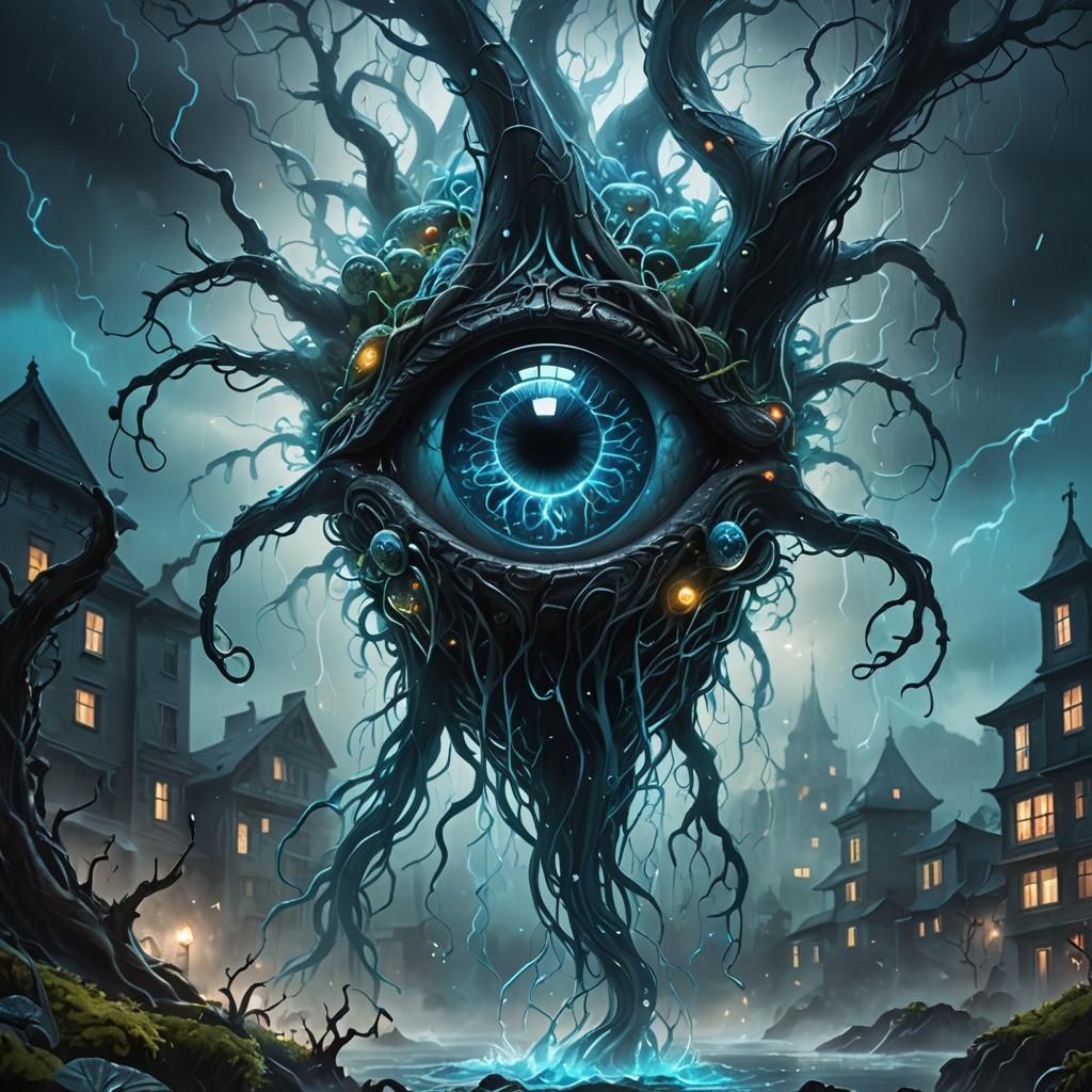 Surreal Brain in Glass Floats in Misty Cityscape