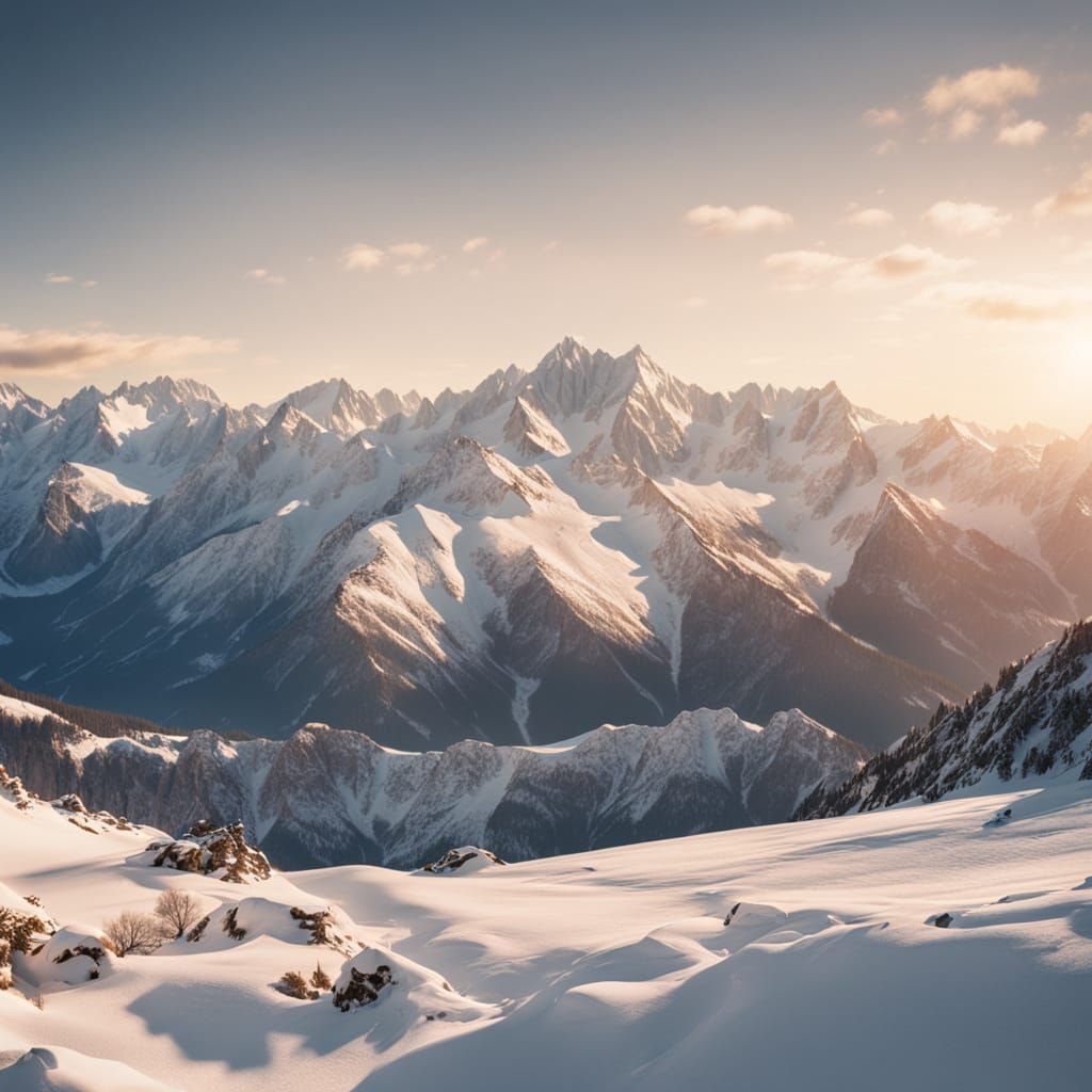 Vast Snowy Mountains in Golden Hour Light