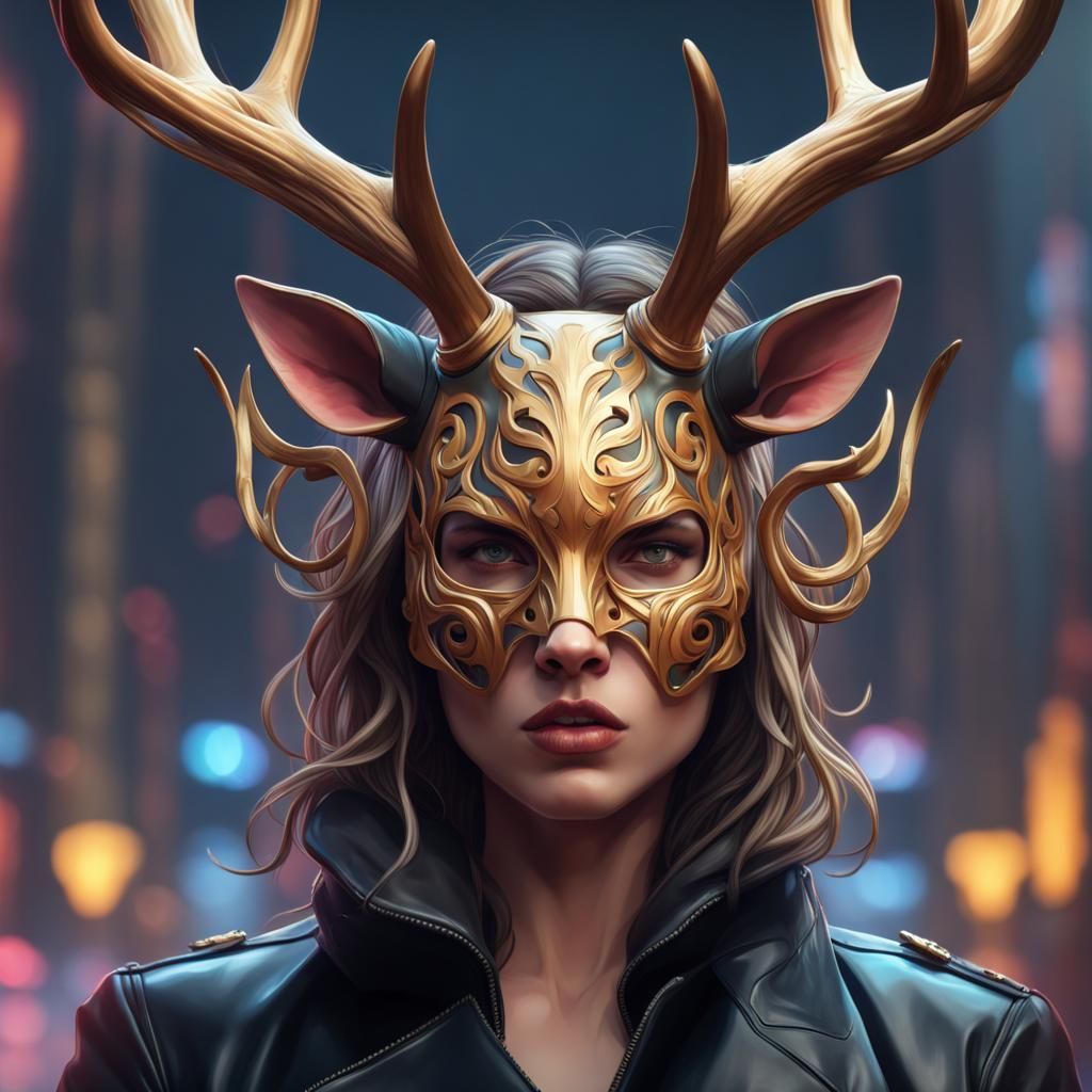 Stag Masked Girl Portrait in Hyperdetailed Style