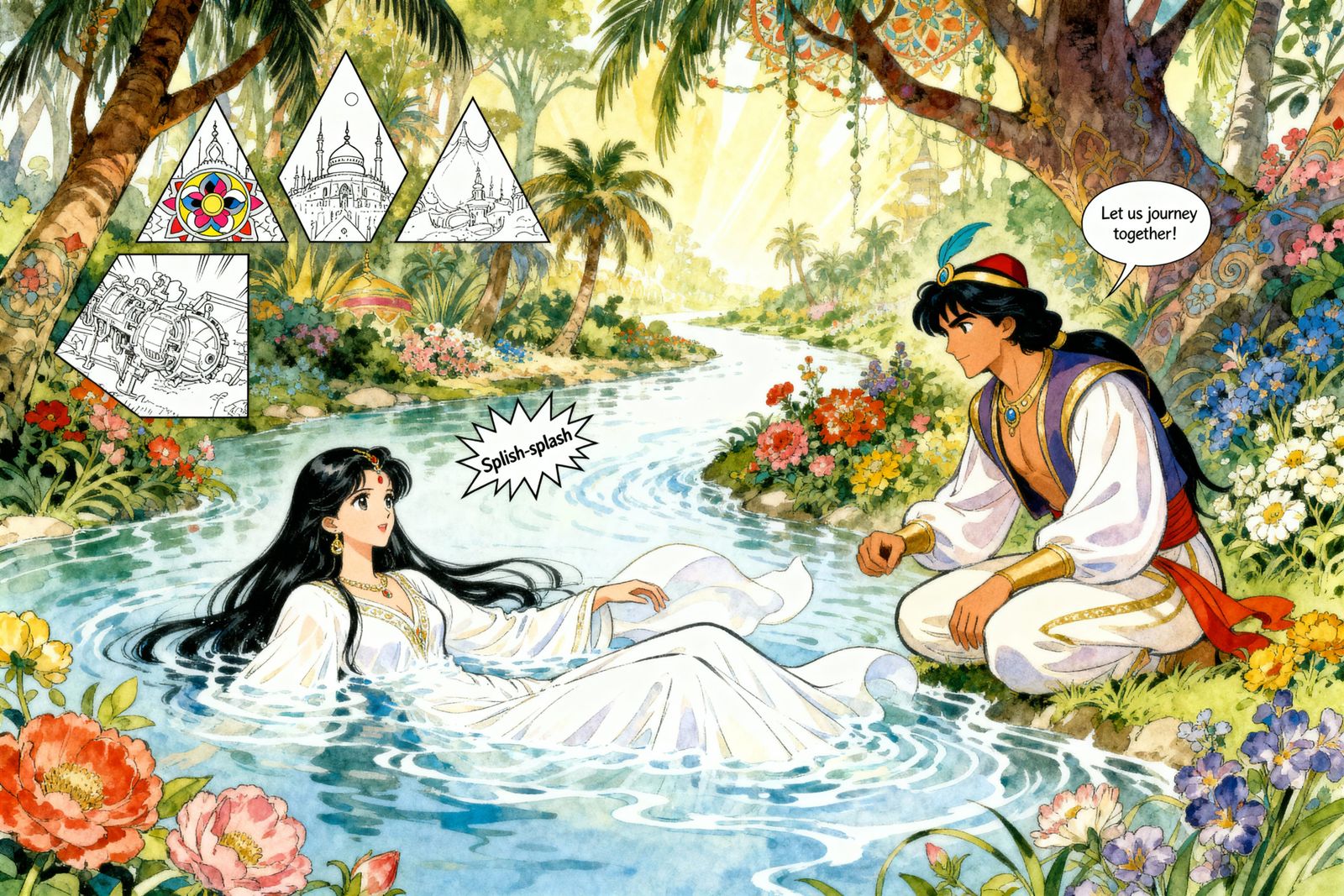 Woman and Man in Lush River Scene, Shōjo Manga Style