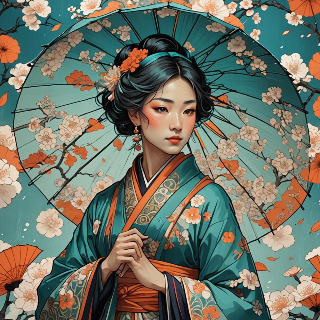 Ukiyo-e Woman with Umbrella in Blossom Rain