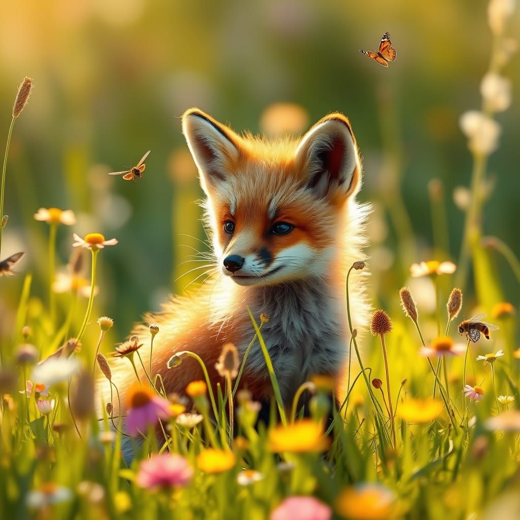 Baby Fox in Wildflower Meadow, Hyperrealistic Illustration