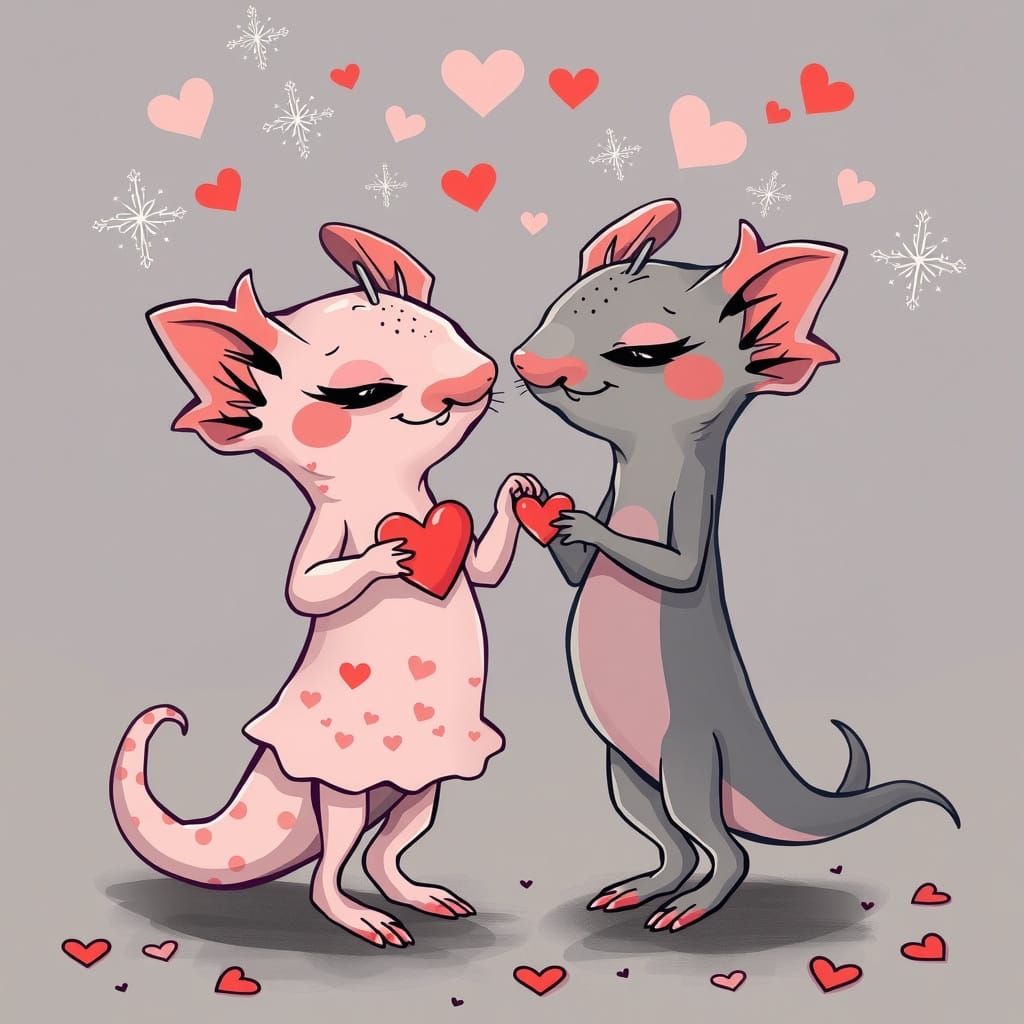 Romantic Axolotl Duo in Emo Goth Cartoon Style