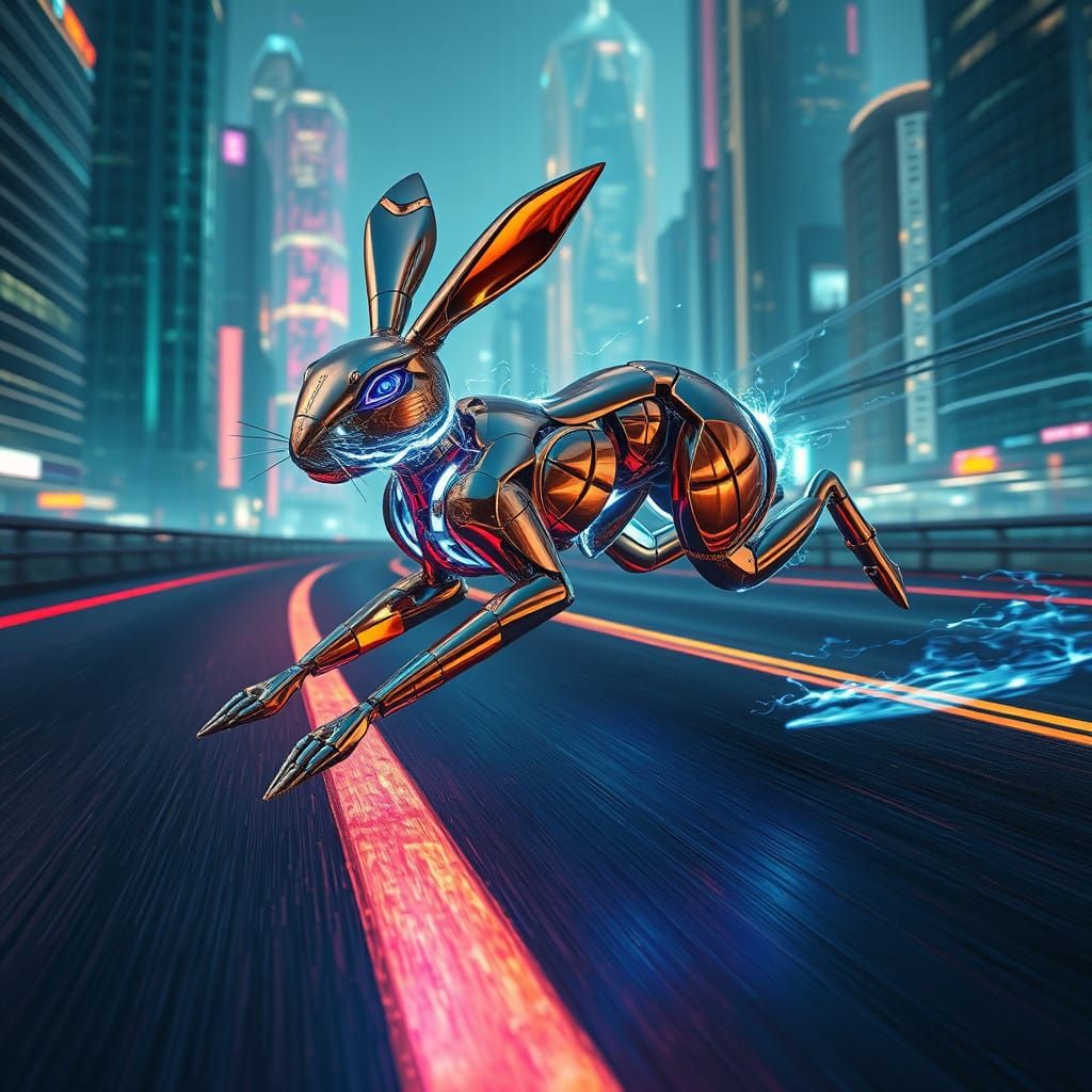 Cybernetic Hare in Full Sprint Through Futuristic Cityscape