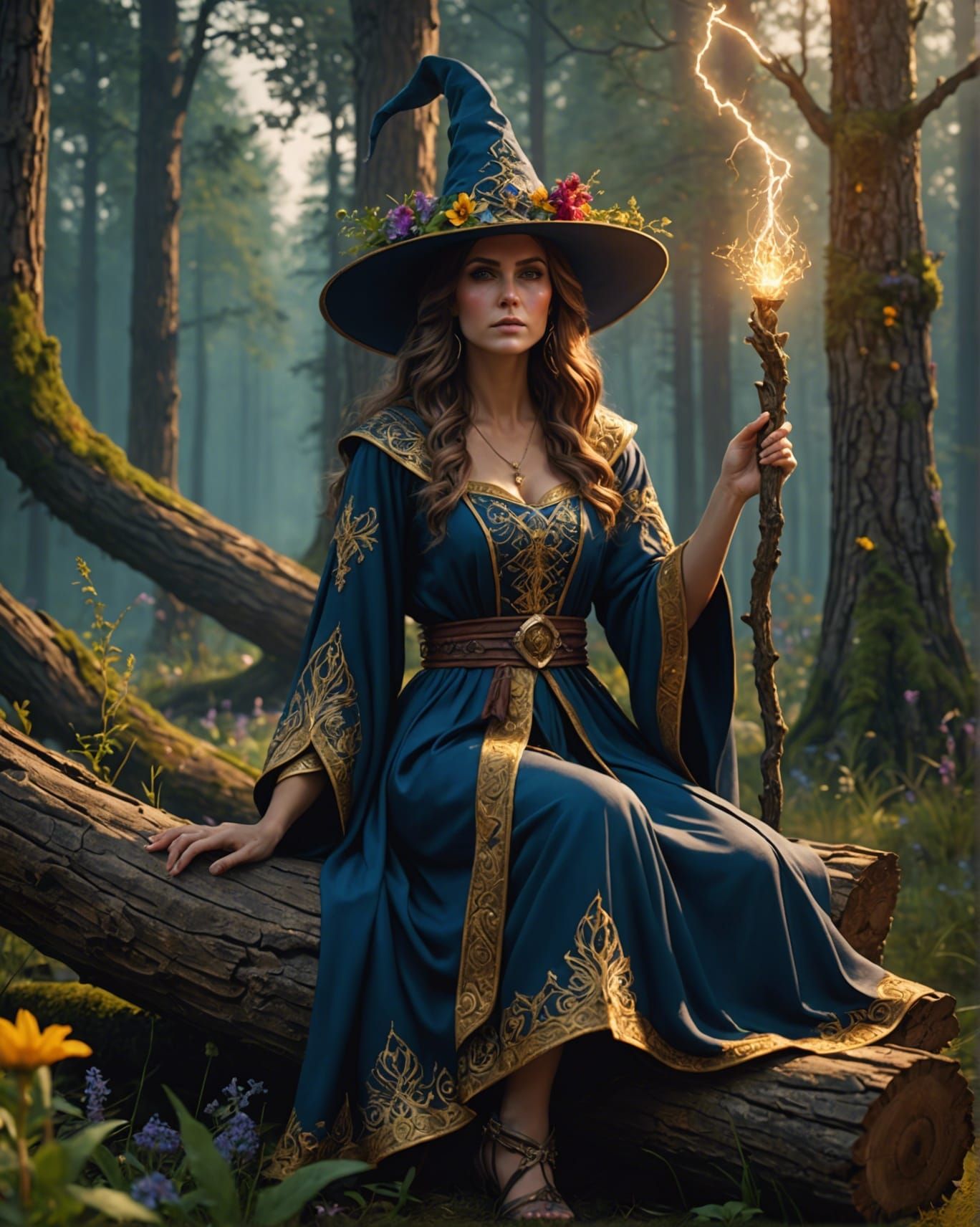 Mysterious Sorceress Conjuring Magic in Forest