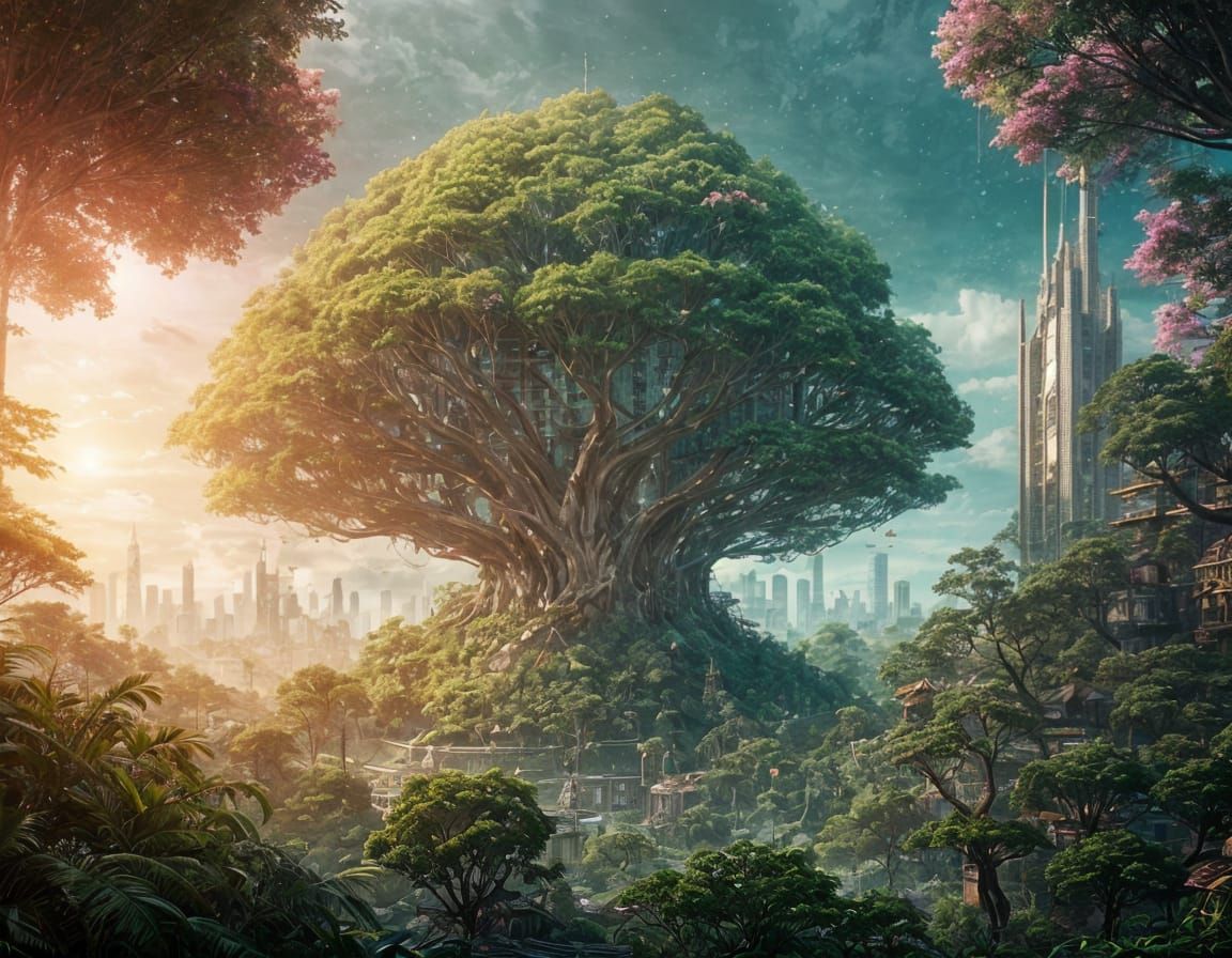 Crystal Tree Over Solarpunk Metropolis