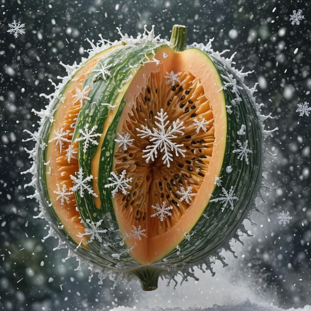 Snowflake Muskmelon Leaping Upwards: Hyperrealistic Splash A...