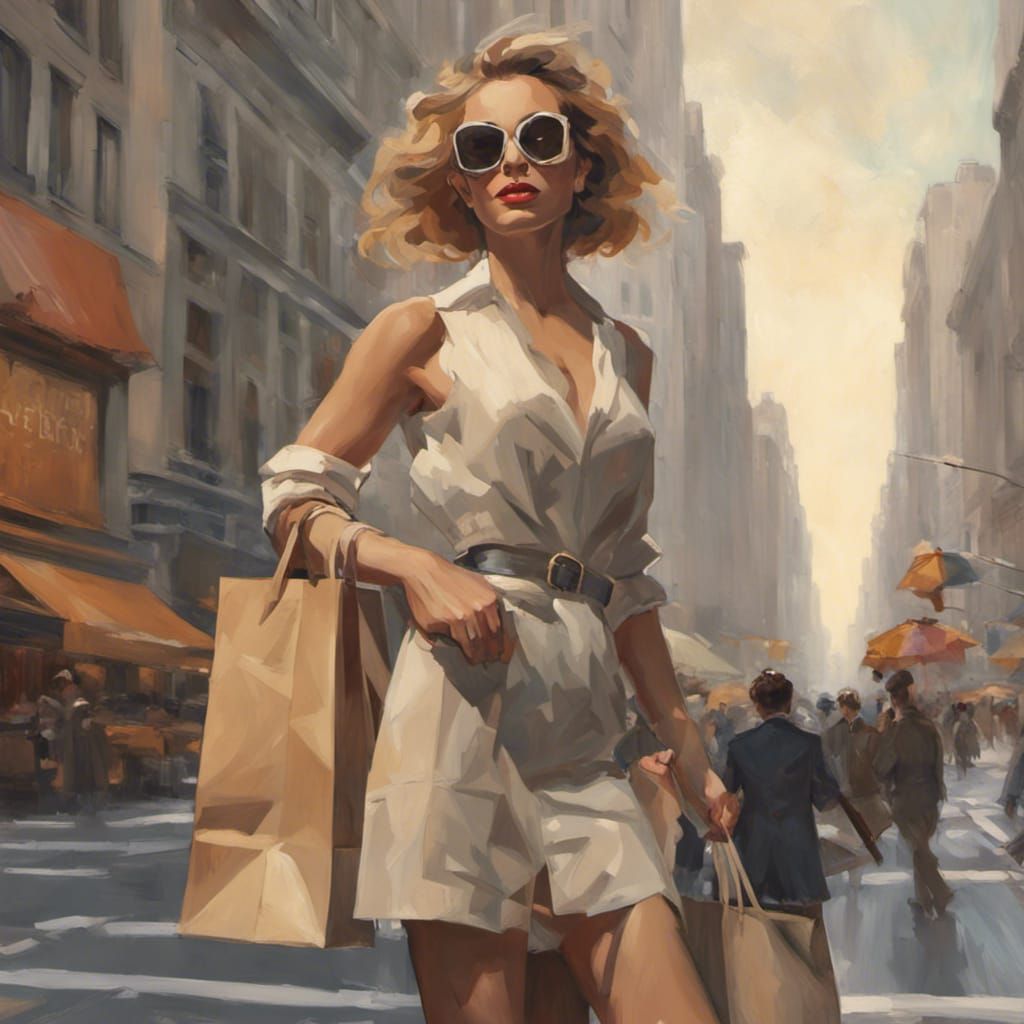 Stylish Woman Shopping on Fifth Avenue in Frazetta Style