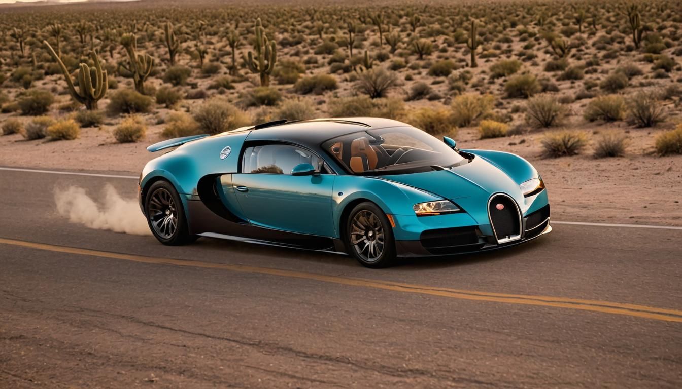 Turquoise Bugatti Veyron Concept Car Driving Through the Ari...