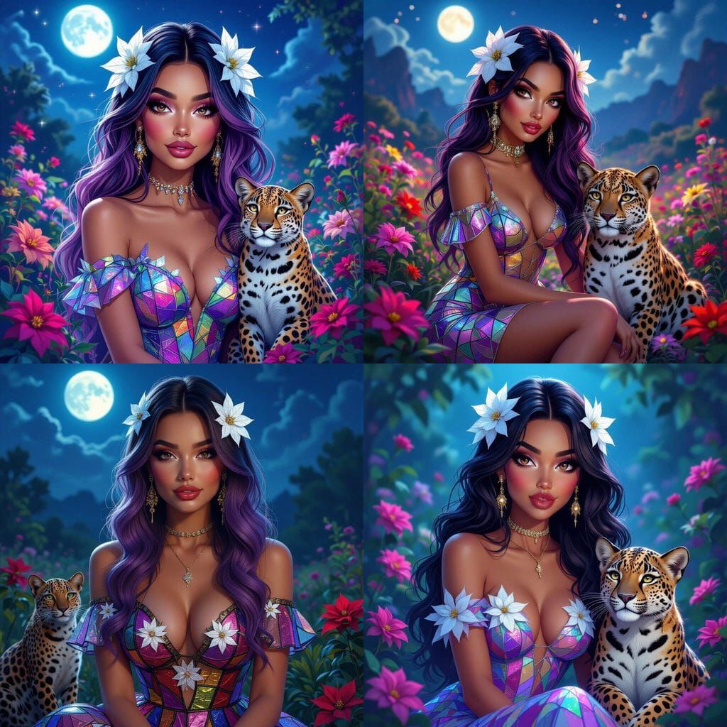 Sassy Woman with Leopard in Moonlit Nature, Neon Oil Pastel