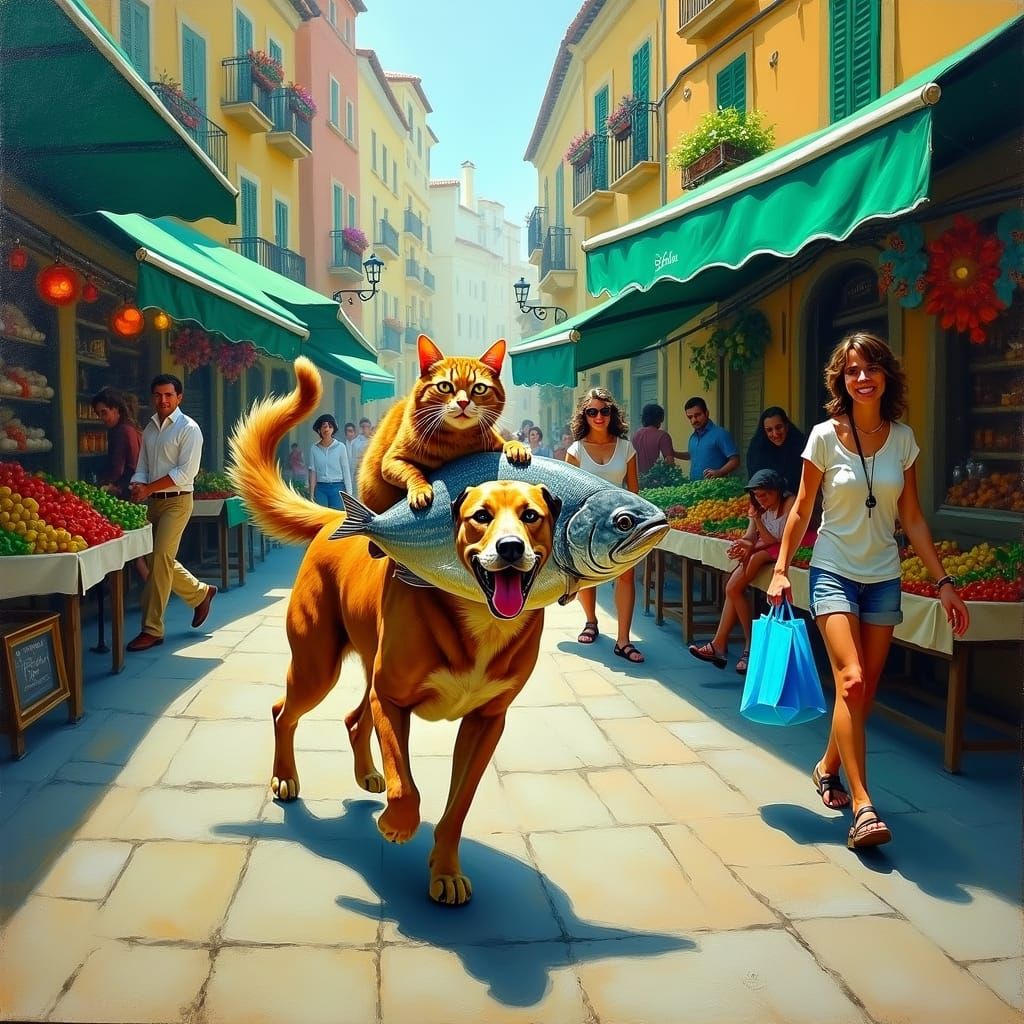 Vibrant Street Market Scene as Oil Painting