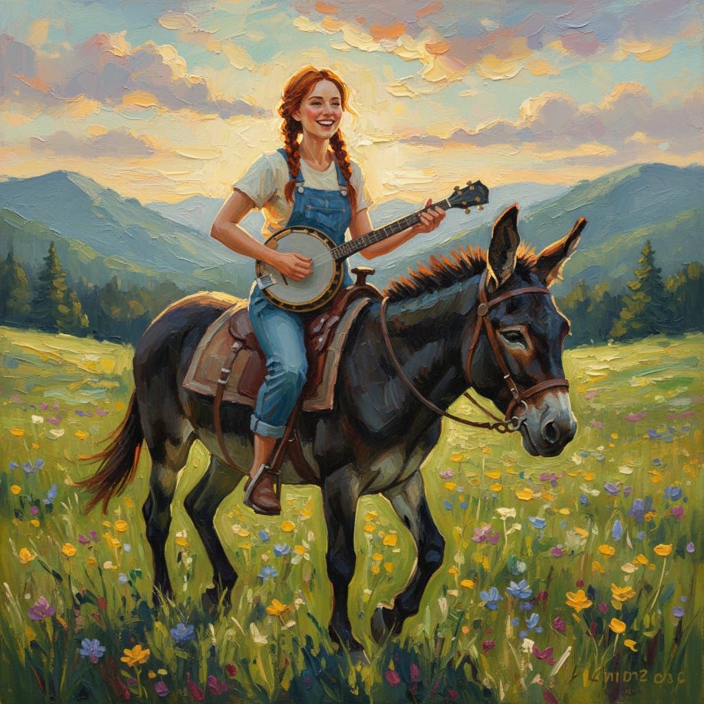Woman Playing Banjo on Mule in Golden Hour Meadow