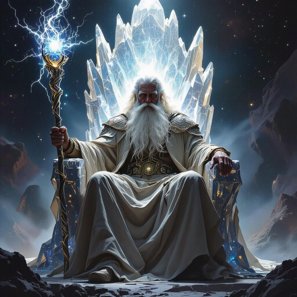 Celestial Wizard on Crystal Throne in Space Art Style