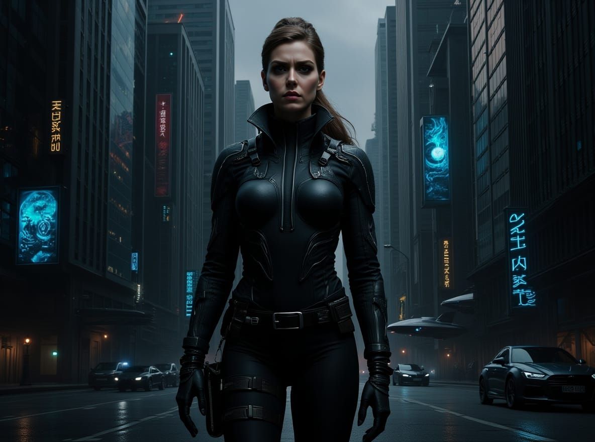 Biopunk Woman in Dystopian Cyberpunk Cityscape