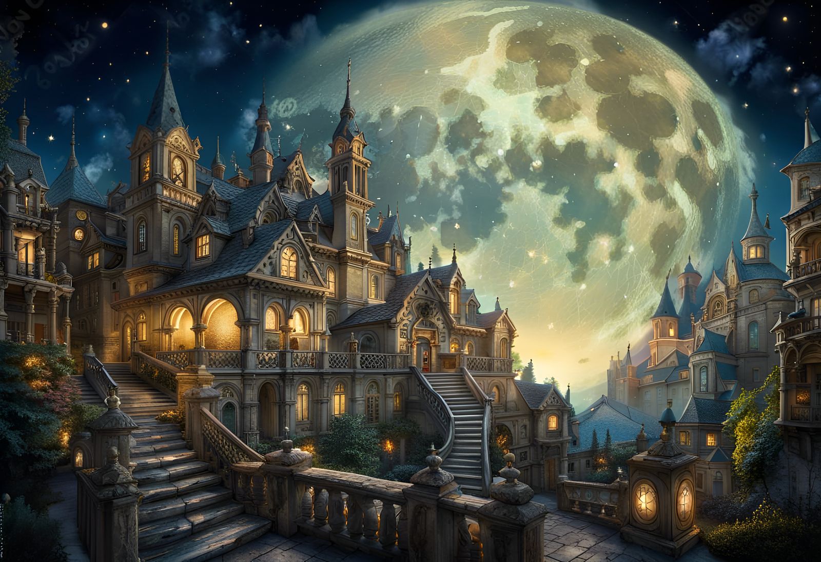 Moonlit Clockwork Town in Fantasy Style