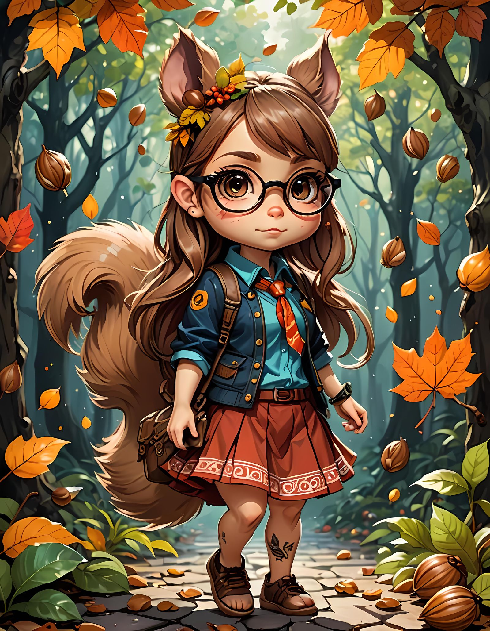 Cute Squirrel Girl Anime Character in Oil Painting Style