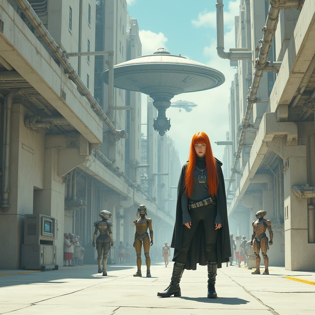 Cyberpunk Woman Stands Amidst Futuristic Cityscape with Star...