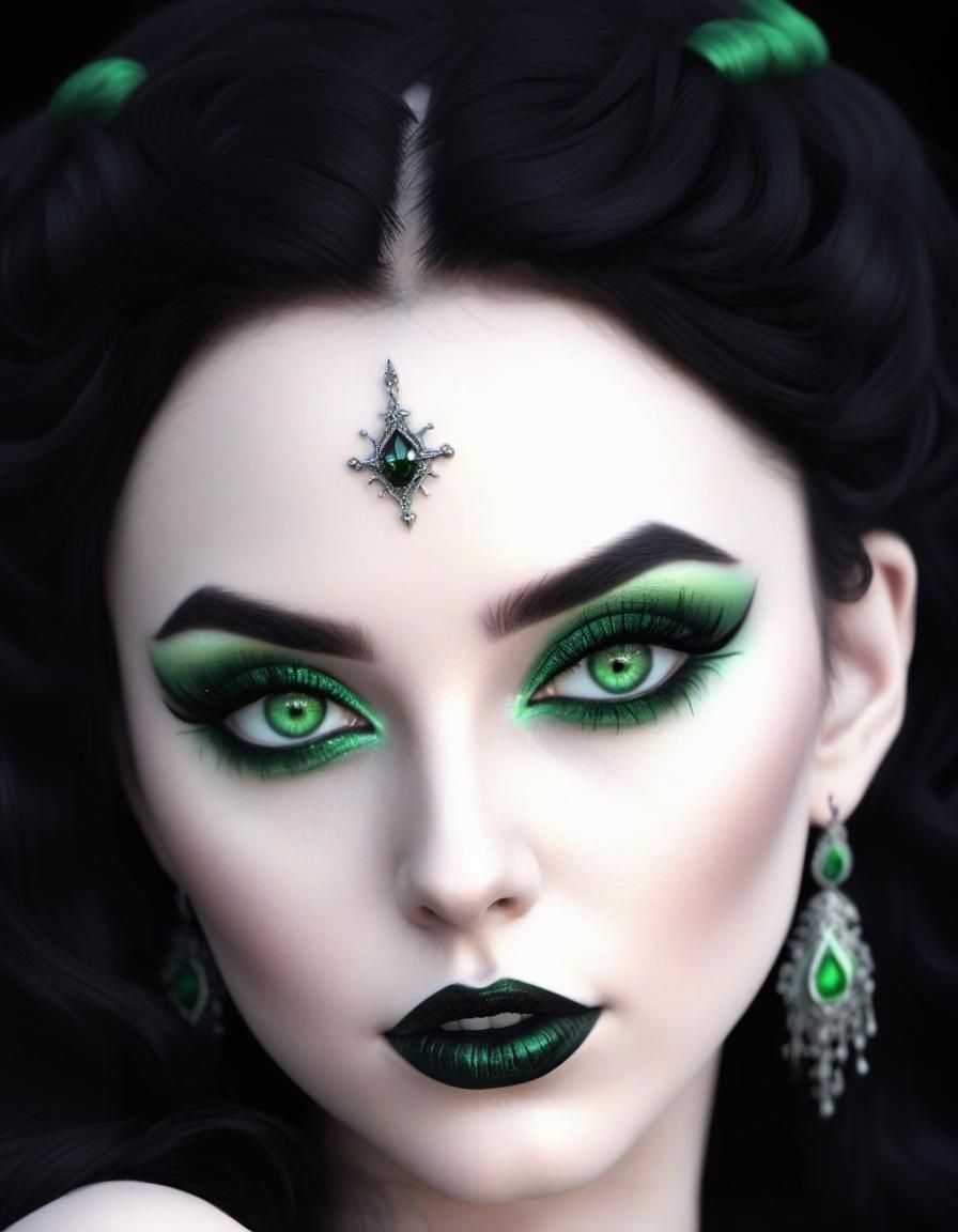 Ethereal gothic enchantress with wavy black hair and green e...