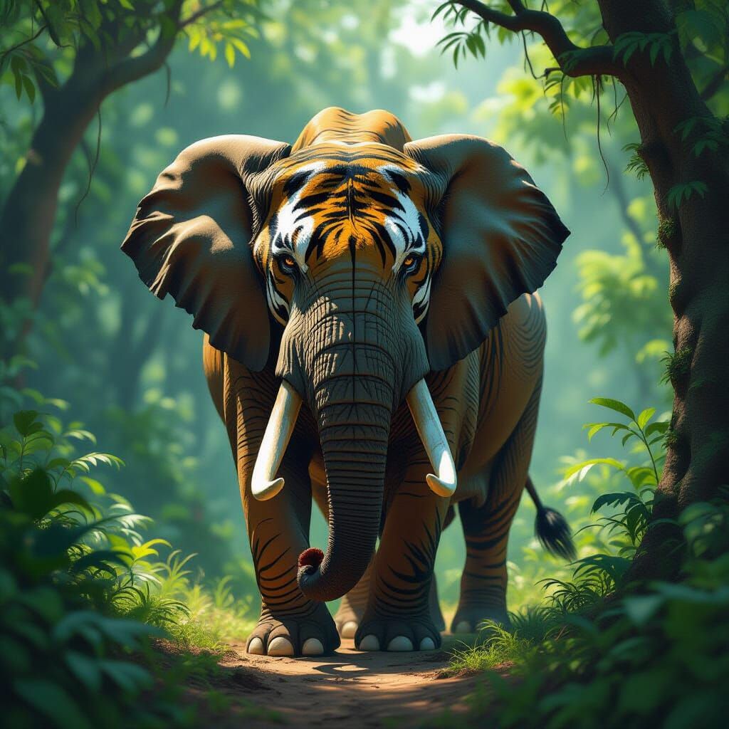 Majestic Elephant-Tiger Hybrid in Jungle