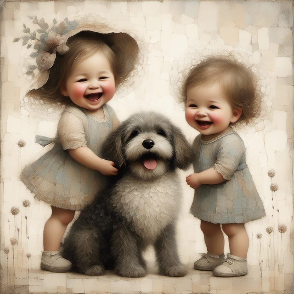 Toddler Siblings and Dog: Intricate Whimsical Illustration