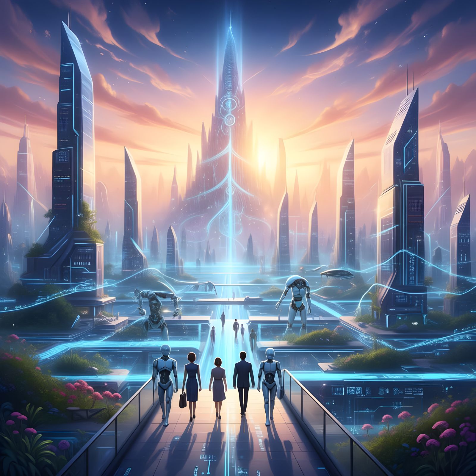 Hopeful Futuristic Cityscape with AI and Data Streams