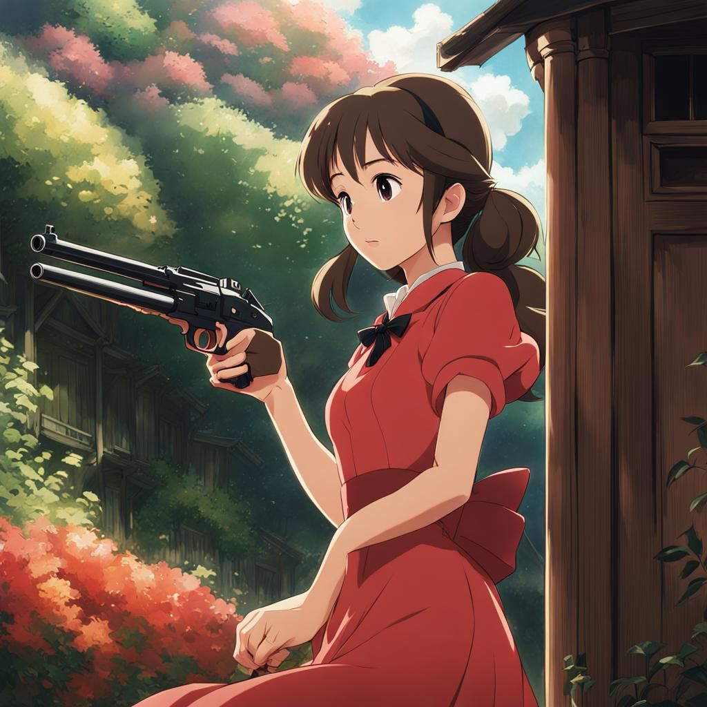 Anime Girl with Gun in Studio Ghibli Style