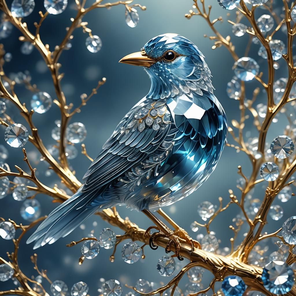 Sparkling Crystal Blue Bird with Golden Filigree