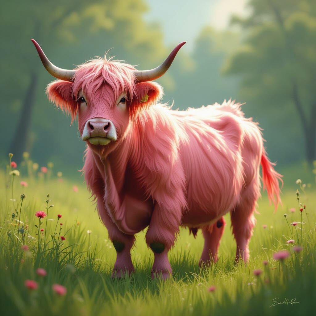 Whimsical Highland Cow Flamingo Hybrid in Lush Meadow