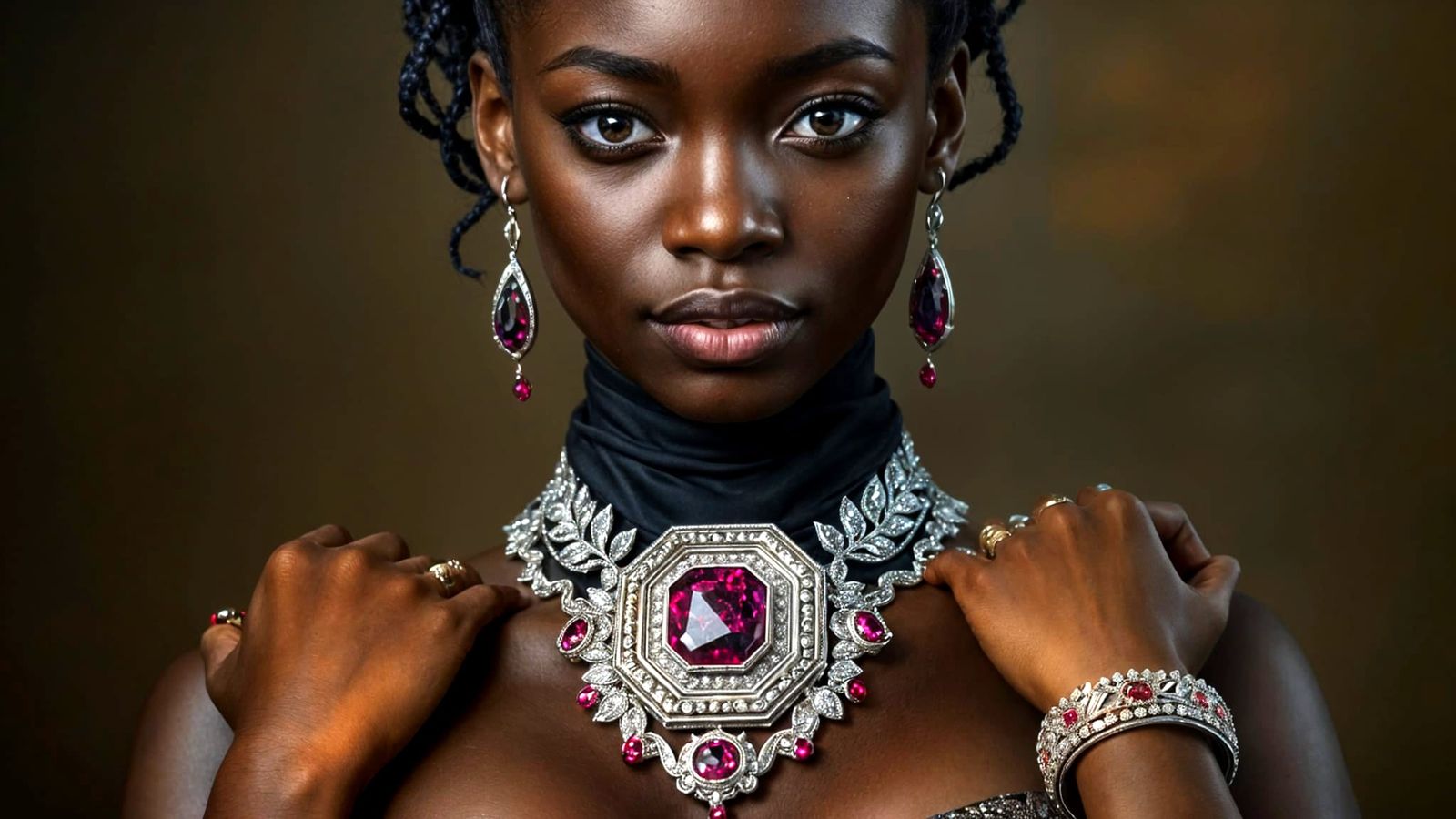 Elegant Black Woman in Platinum and Ruby Jewelry