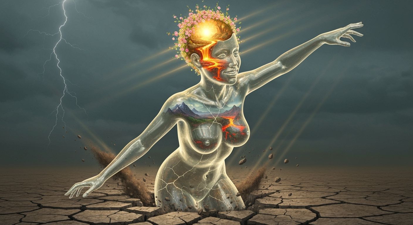 Glass Woman Emerges from Cracked Earth in Surreal Landscape