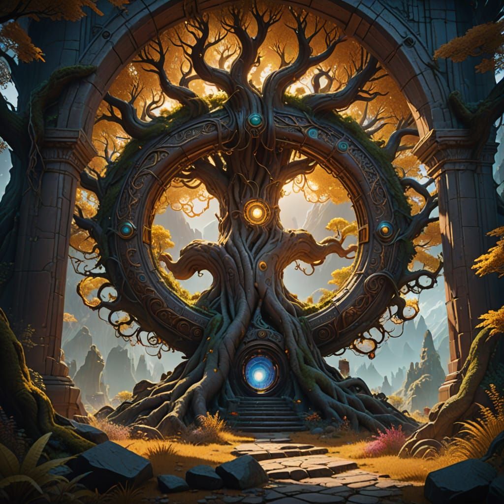 Ancient Tree with Glowing World Portal in Fantasy Concept Ar...