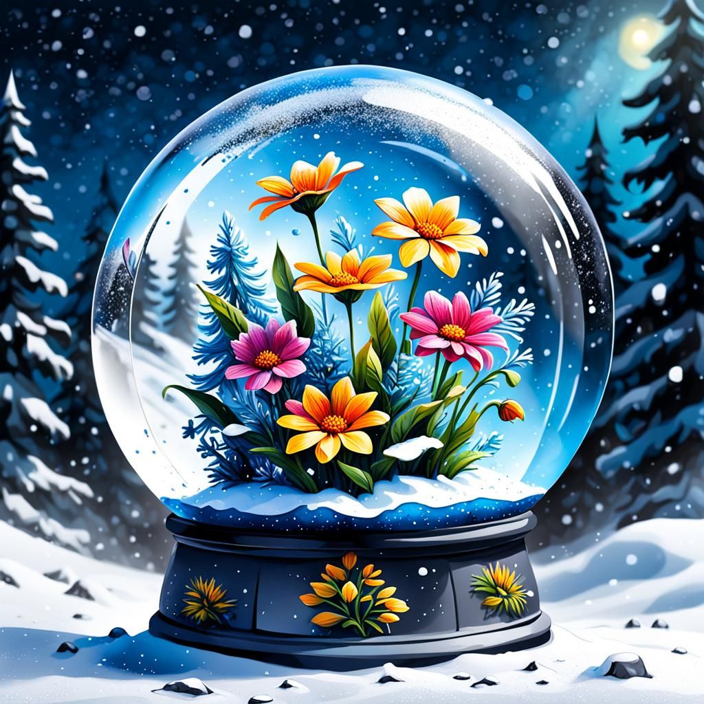 Snow Globe with Winter Flowers: Graffiti Art Style