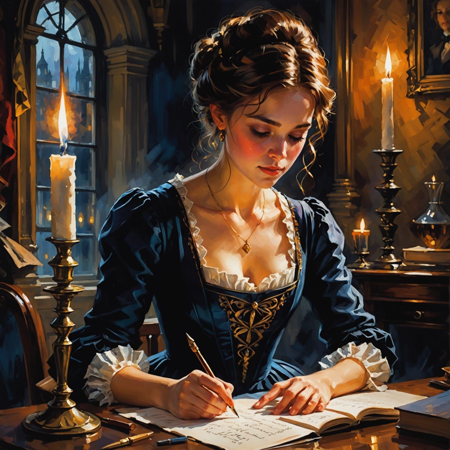 Victorian Girl Writes by Candlelight Impasto Painting