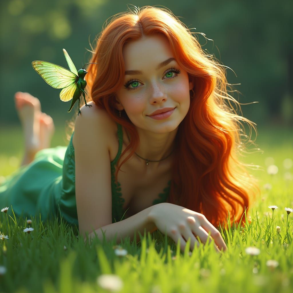 Enchanted Meadow: Woman and Fairy in Fantasy Art Style