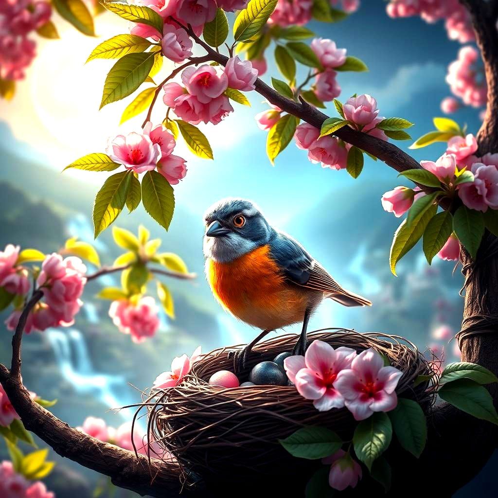 Bird in Cherry Tree with Nest, Matte Painting