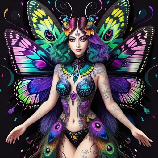 Butterfly Moth Woman with Rainbow Dots in Abstract Art