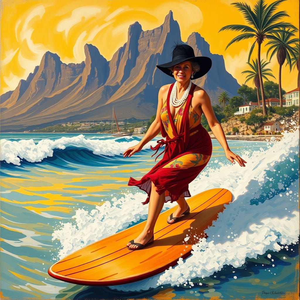 AGATHA CHRISTIE (best-selling detective novelist and playwrite) SURFING IN CAPE TOWN, SOUTH AFRICA (true story)