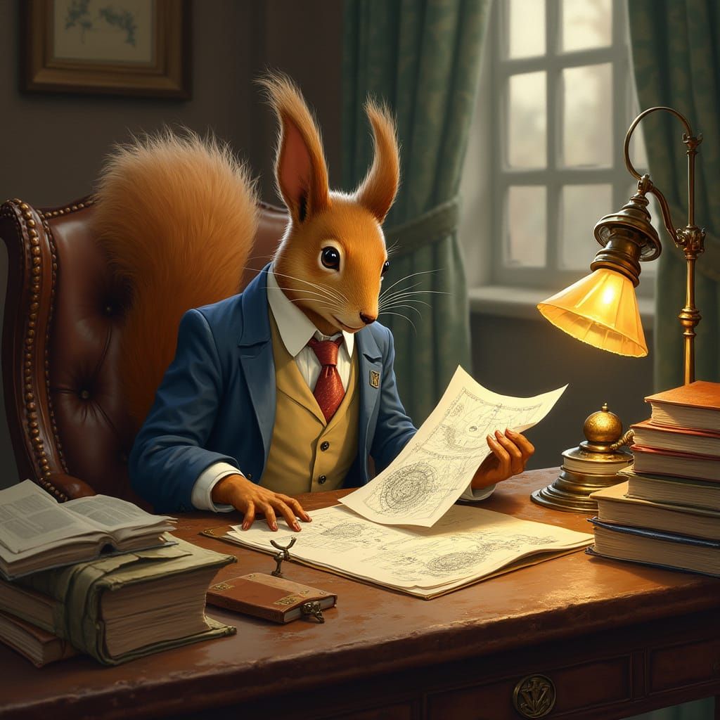 Squirrel Architect in Arthur Rackham Style