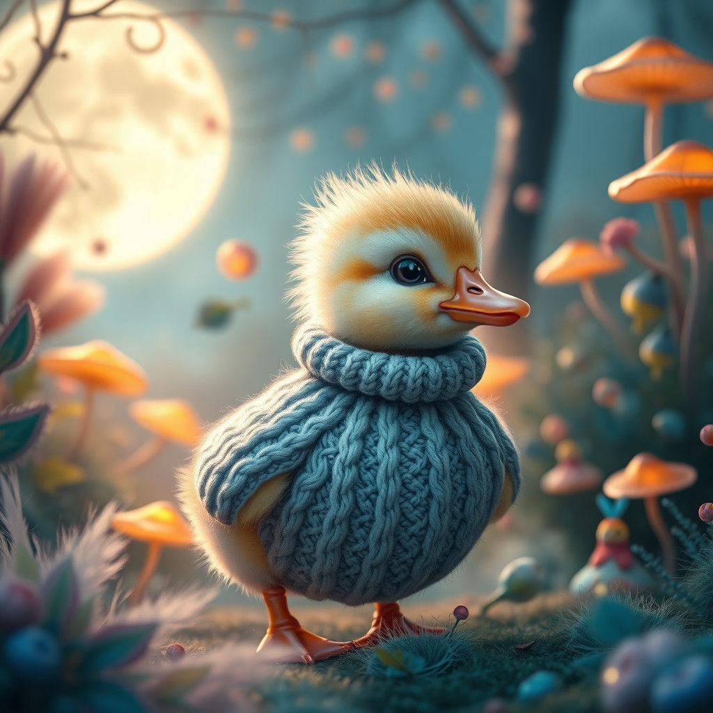 Duckling in Sweater in Whimsical Moonlit Garden