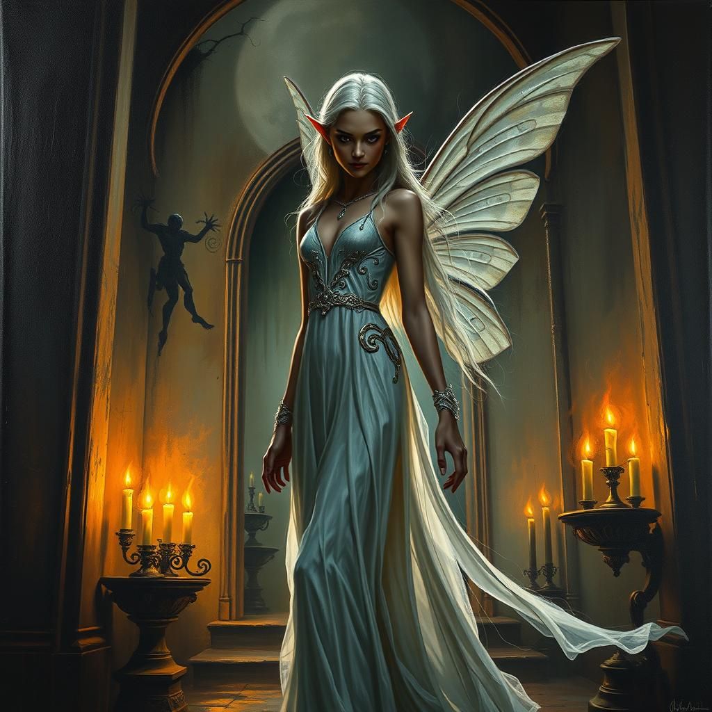 Fairy Elf in Haunted House as Impasto Art