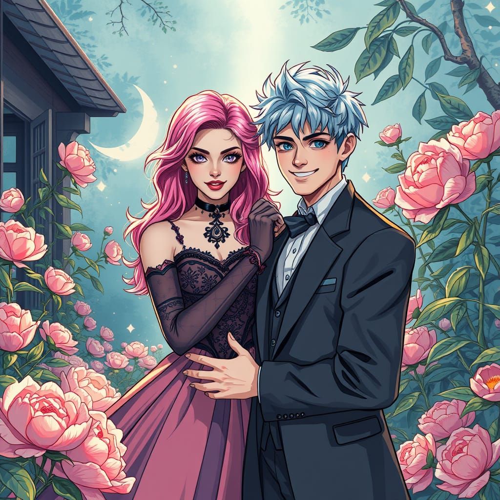 Gothic Goddess and Mysterious Youth in Whimsical Peony Garde...
