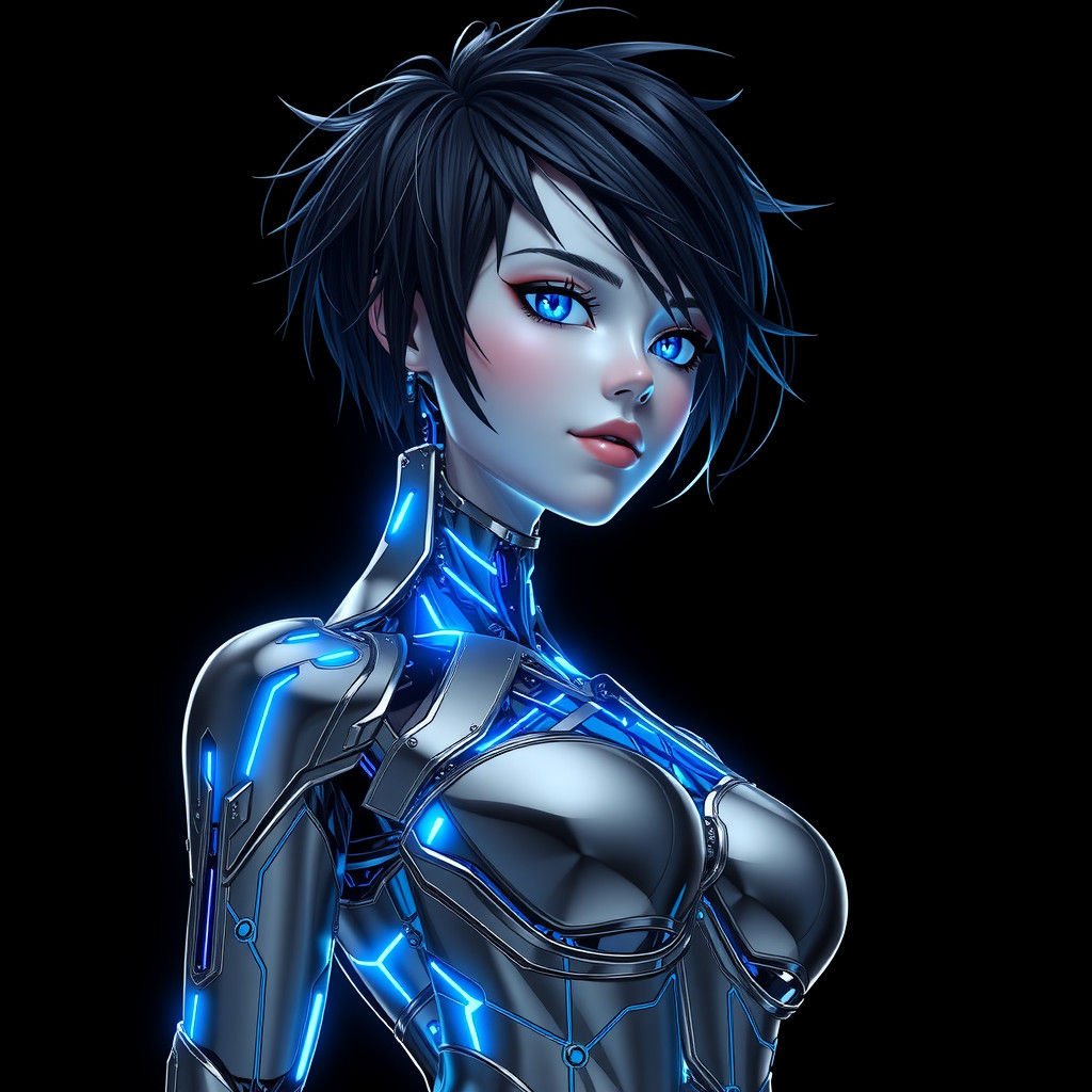 Metallic Cyborg Woman in 3D Anime Style