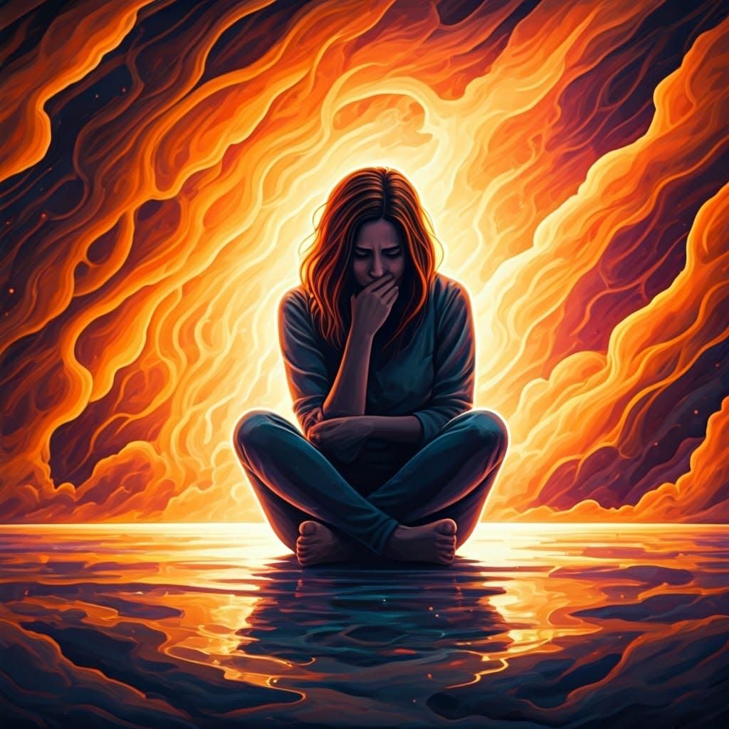 Woman Expressing Anxiety in Surreal Astral Landscape