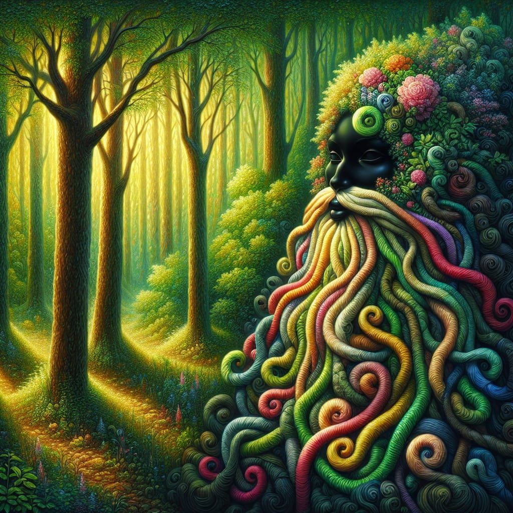 Gnome with Ribbon Beard in Forest, Oil Painting Style